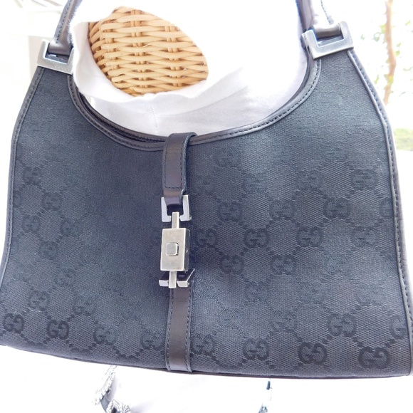 Gucci Handbags - GUCCI Bardot JACKI-O Black Canvas Leather GG Bag